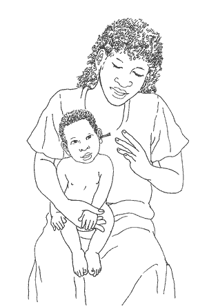 A child sits on the carer's lap with a tissue spear in his ear.