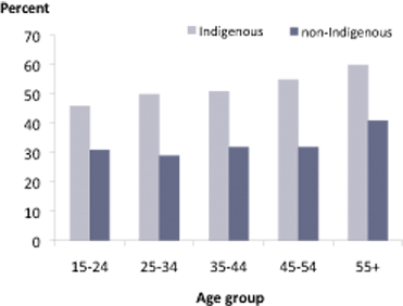 Percentages of females inactive in the preceding two weeks, by Indigenous status and age group, non-remote areas, Australia, 2004-2005