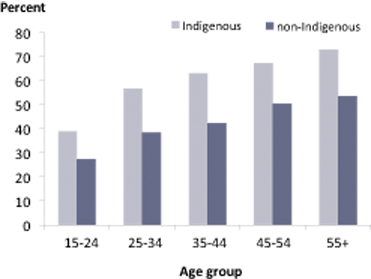 Percentages of overweight and obese females, by Indigenous status and age group, Australia, 2004-2005